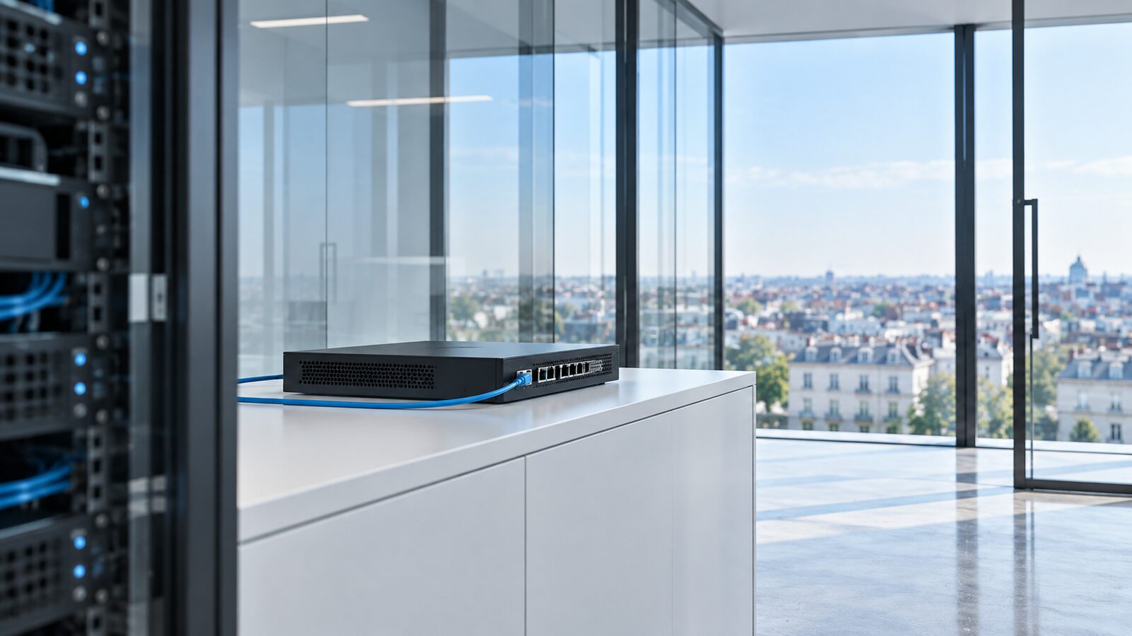 Compact network appliance with a blue cable on a white sideboard, a server rack on the left, a glass front with a city view behind.