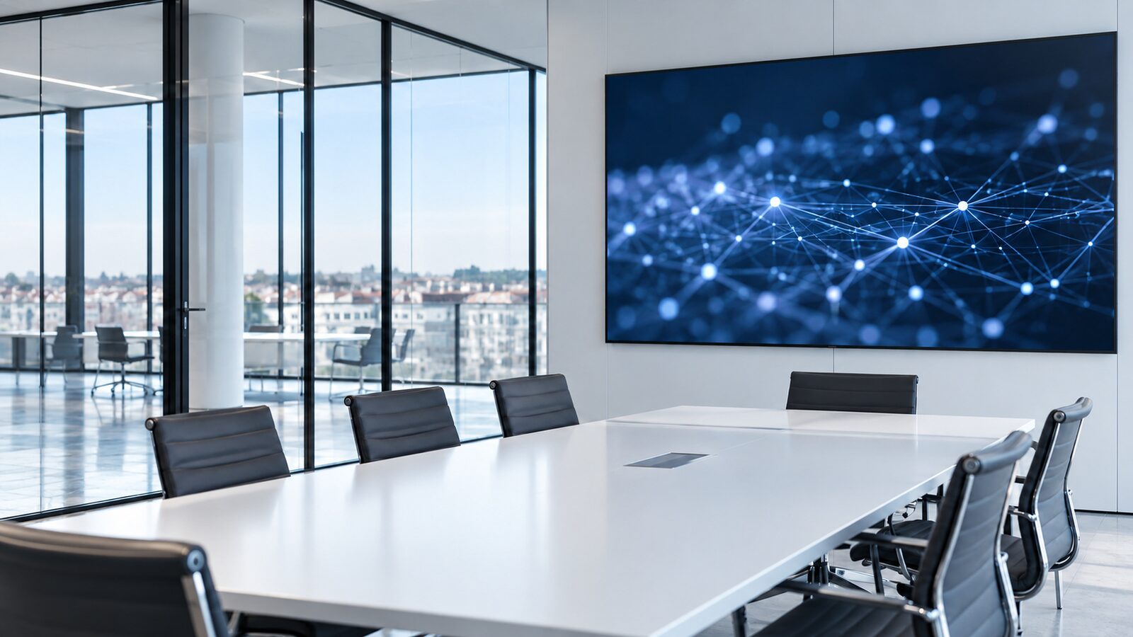 Meeting room with a white table and a wall display showing a blue network of nodes and lines.