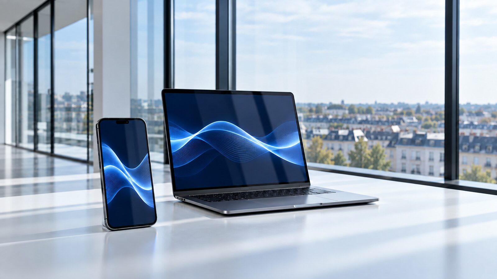 Smartphone and laptop showing a blue wave graphic on a white table in front of a glass wall with a city view.