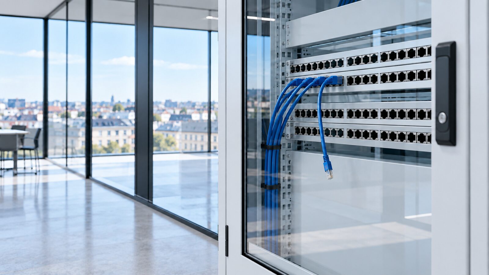 Patch panel with blue network cables in a technical cabinet behind a glass door.