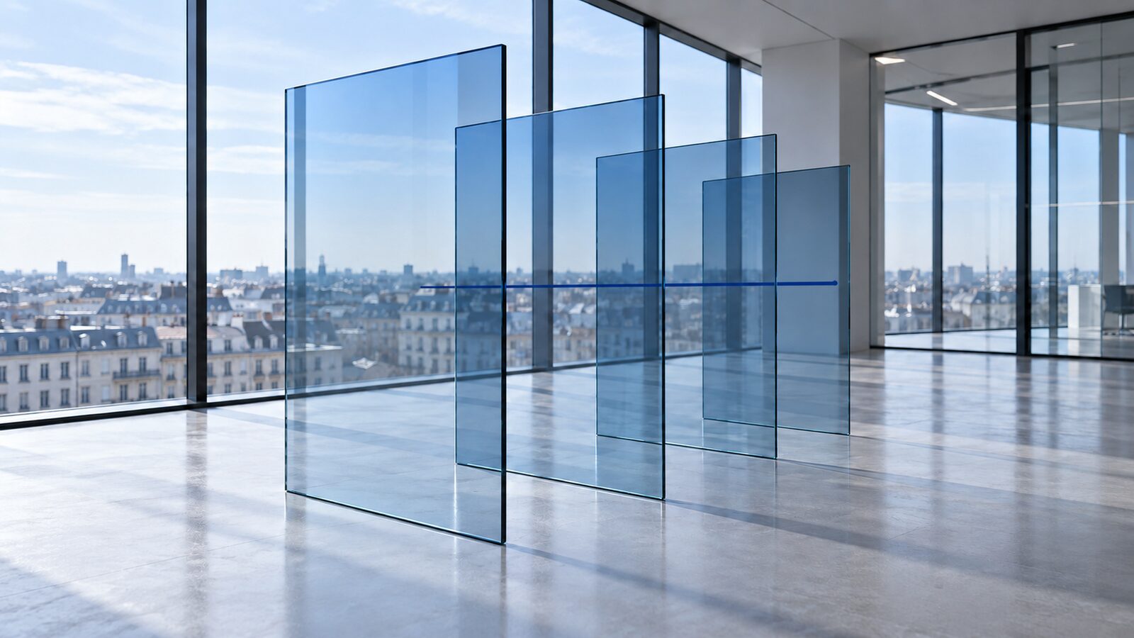 Row of staggered glass panes in an empty office, a glass front with a city view behind them.