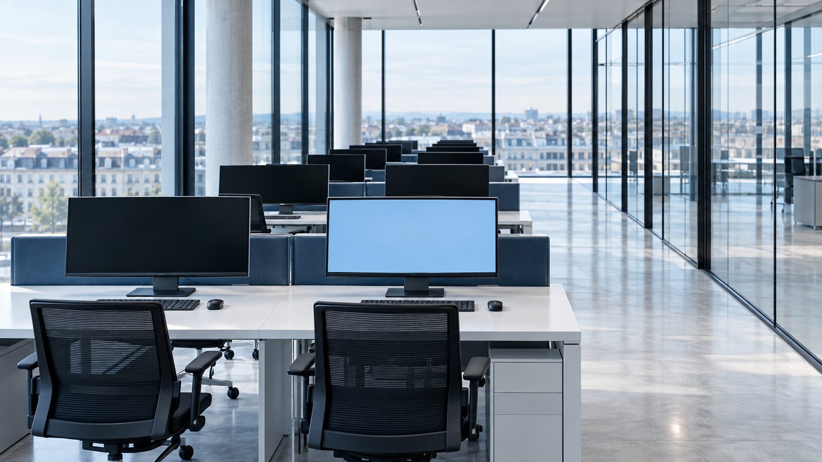 Empty workstations in an open-plan office, one monitor glowing light blue, the others dark.