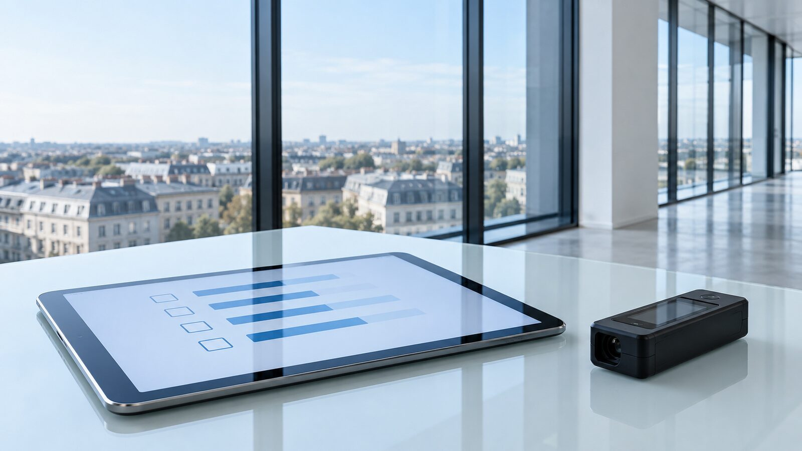 Tablet with a checklist of boxes and blue bars next to a small black test device on a white table.