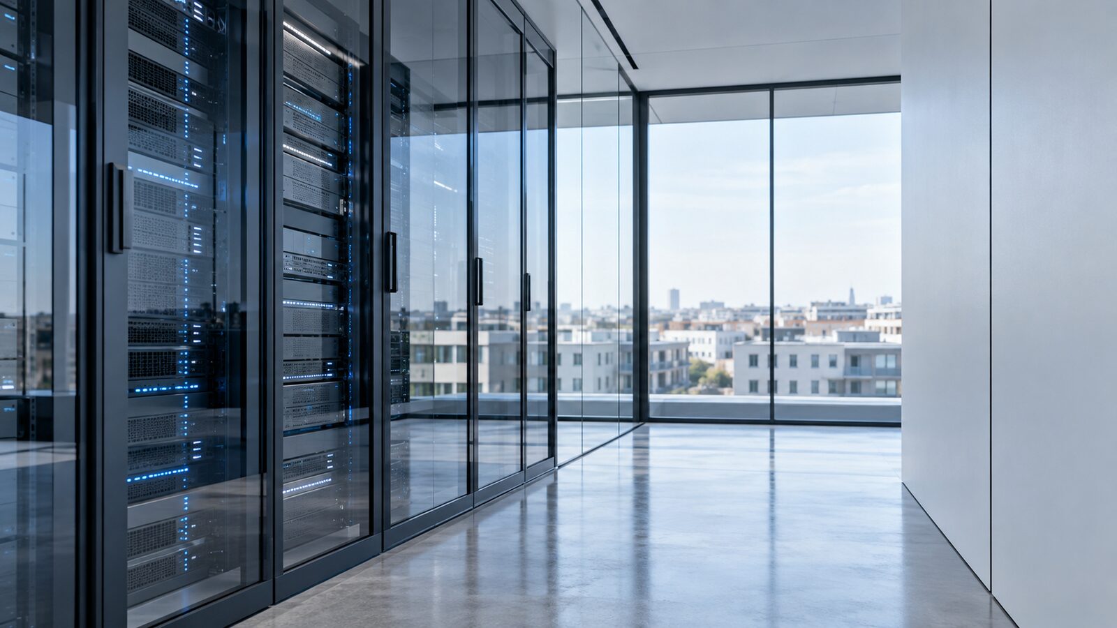 Server racks with blue status lights behind a glass wall, a city view on the right.