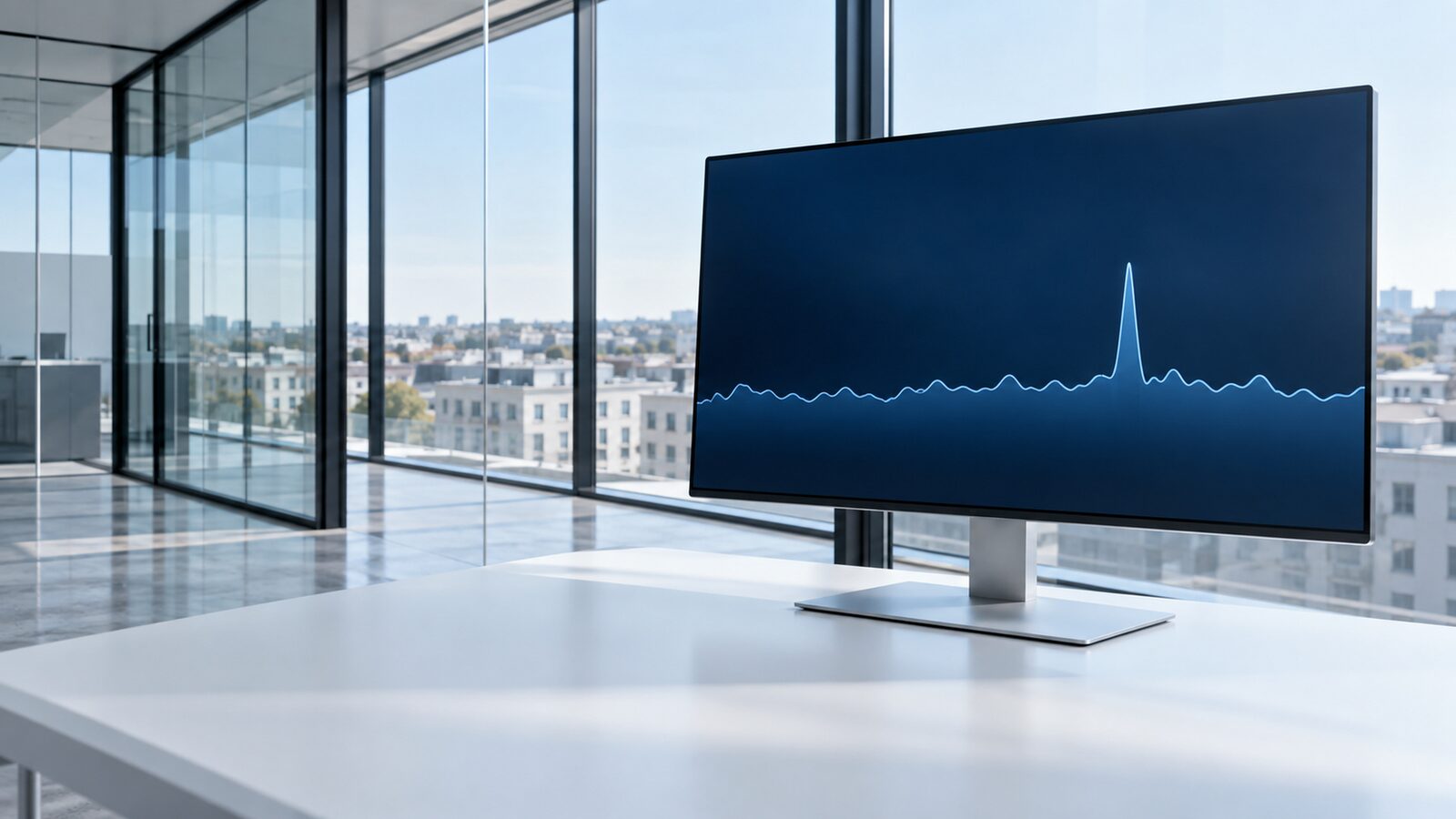 Monitor on a white desk showing a flat curve with a single spike on a dark background.