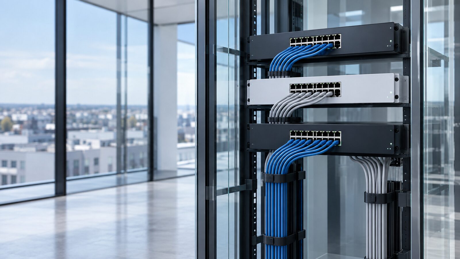 Network cabinet with three switches, blue and grey cables neatly routed downwards.