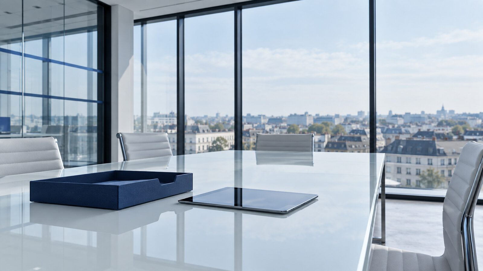 Meeting table with a dark blue document tray and a tablet in front of a glass wall with a city view.