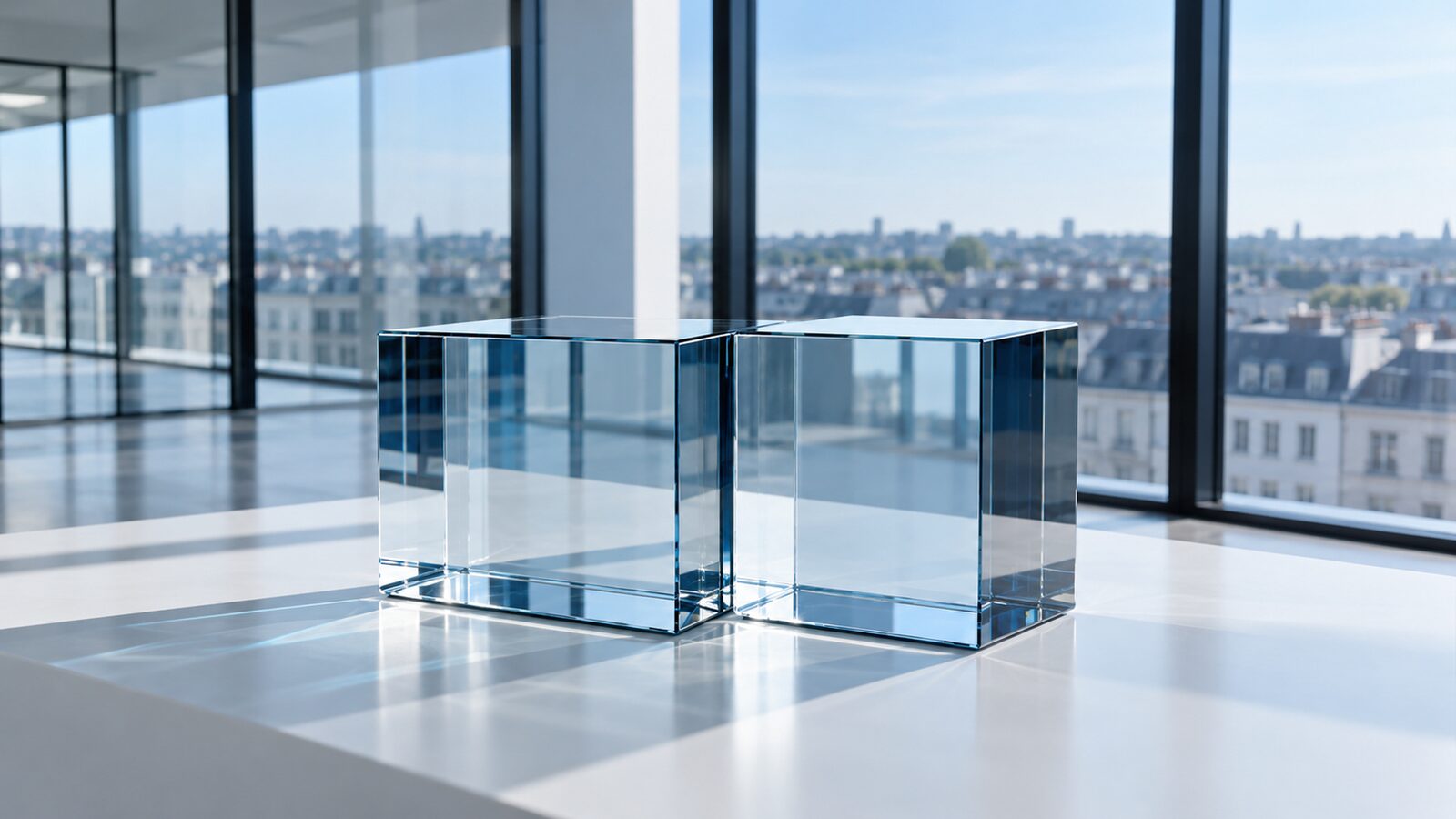 Two interlocking glass cubes on a white table in a bright office.