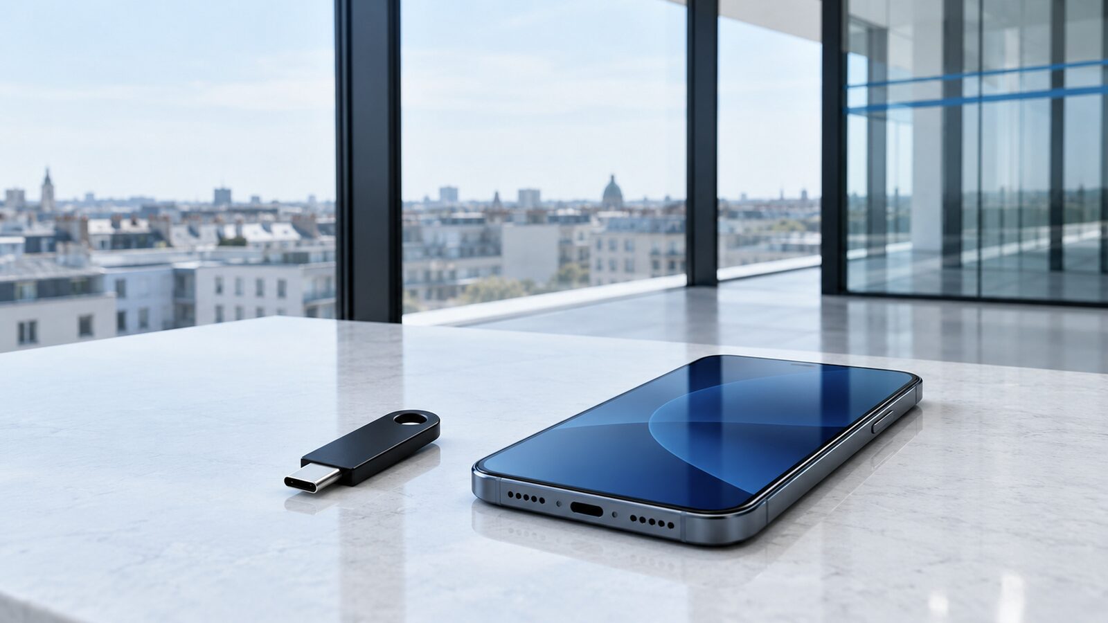 USB security key next to a smartphone on a light stone surface in front of a glass wall.
