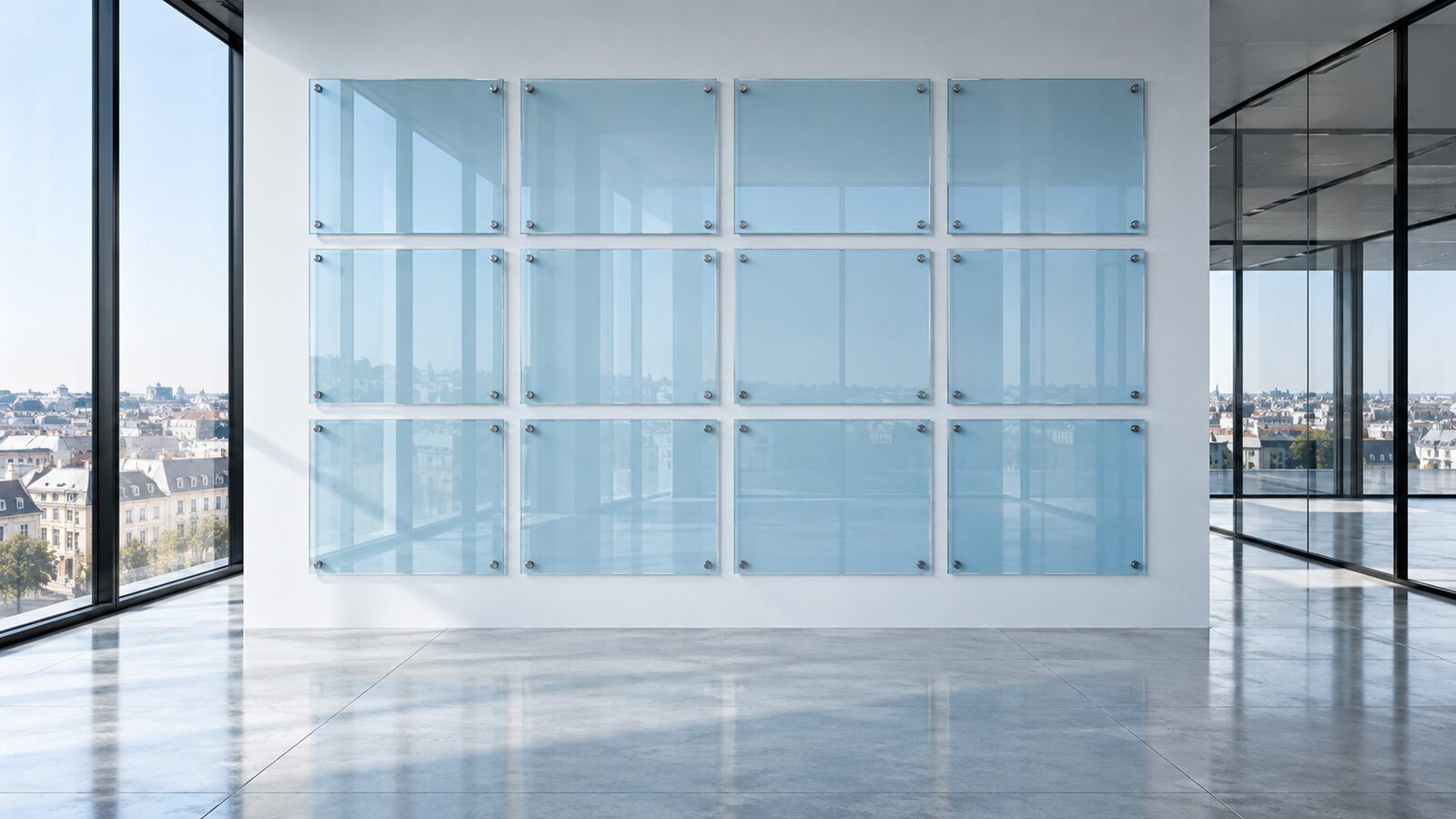 Grid of twelve glass panels on a white wall in an office with a city view.
