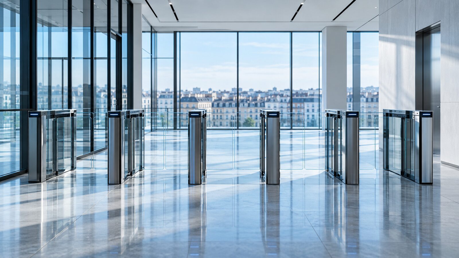 Row of glass access gates in an empty lobby with a view over the city.