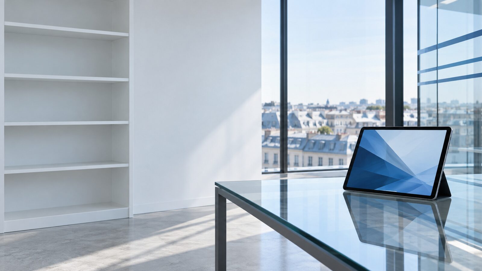 Leeres weißes Regal, davor ein Tablet auf einem Glastisch vor einer Glasfront mit Stadtblick.