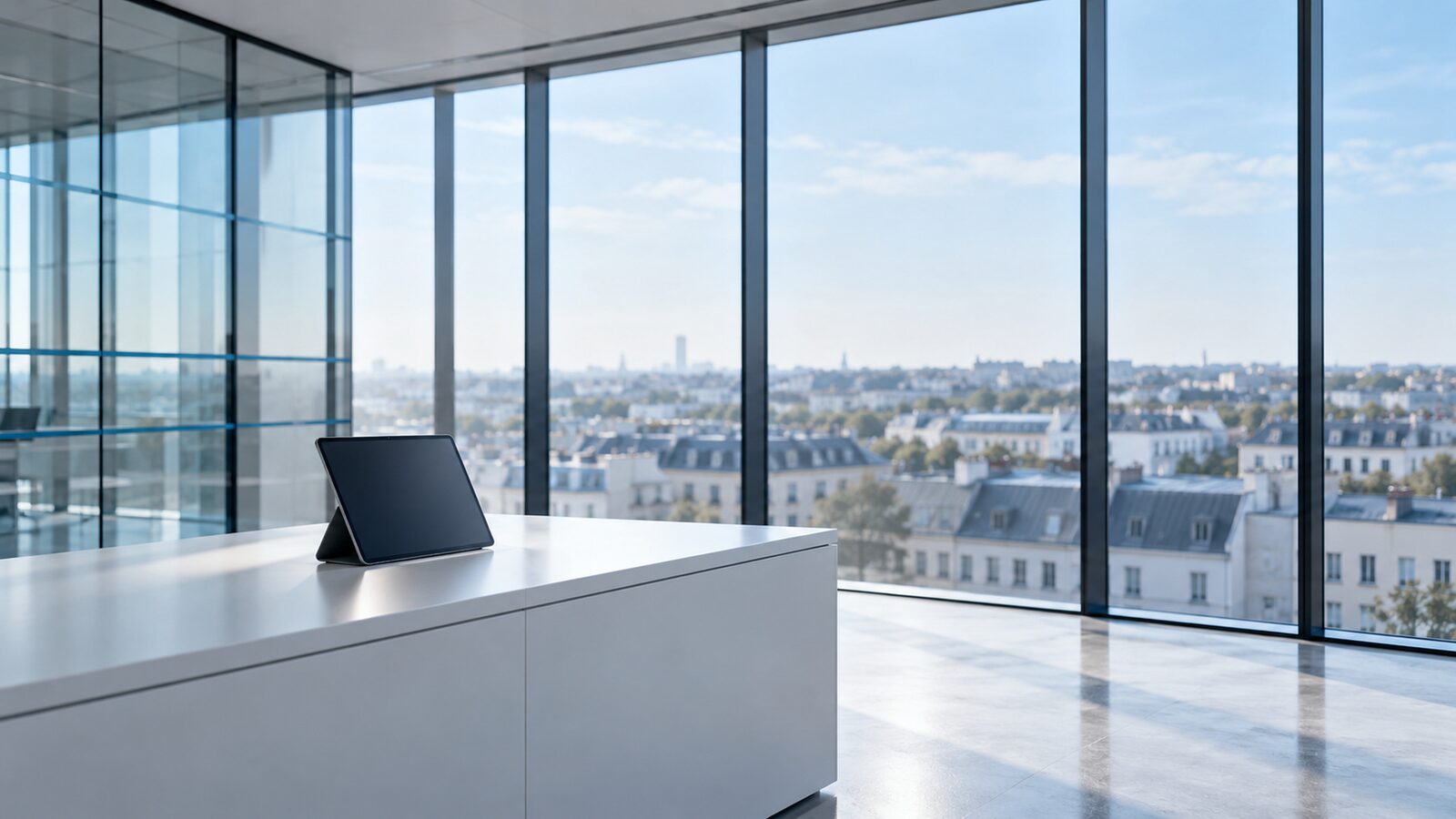 Aufgestelltes Tablet auf einem weißen Sideboard vor einer Glasfront mit Blick über die Stadt.