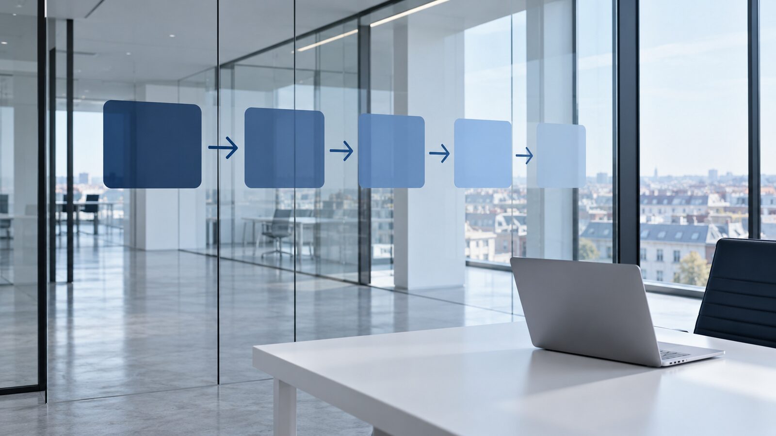 Prozesskette aus fünf blauen Kacheln mit Pfeilen auf einer Glaswand, davor ein Laptop auf einem weißen Tisch.
