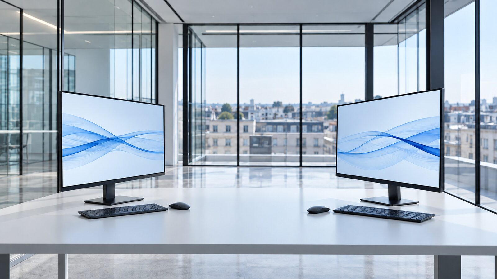Zwei Monitore mit derselben blauen Wellengrafik auf einem weißen Tisch in einem Glasbüro.