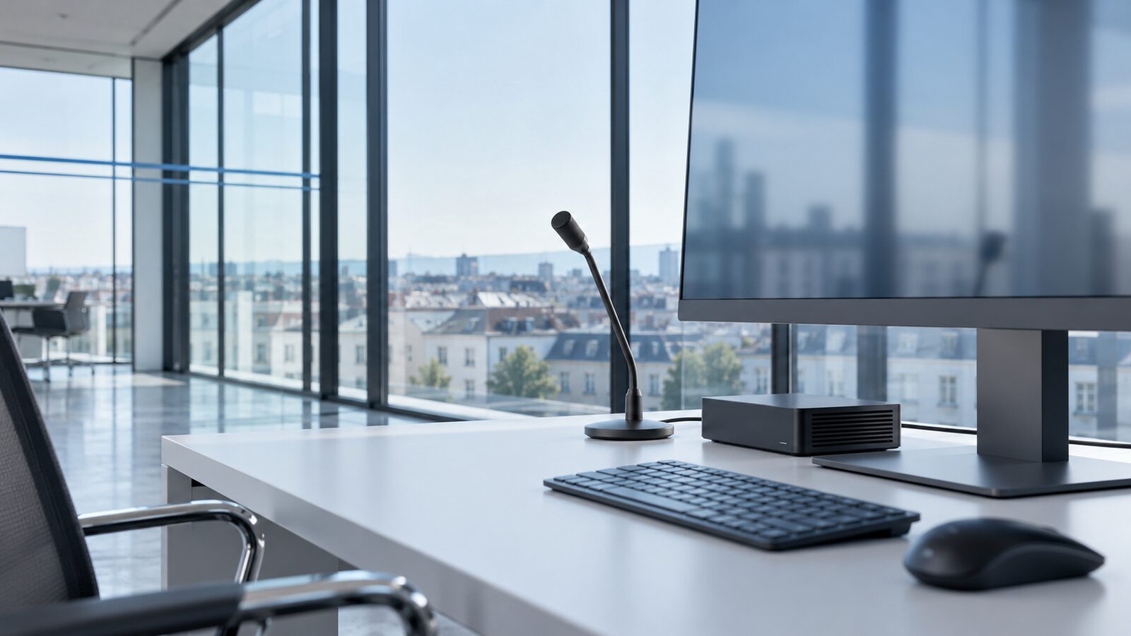 Arbeitsplatz mit Monitor, kleinem Thin Client, Tastatur und Schwanenhalsmikrofon vor einer Glasfront.