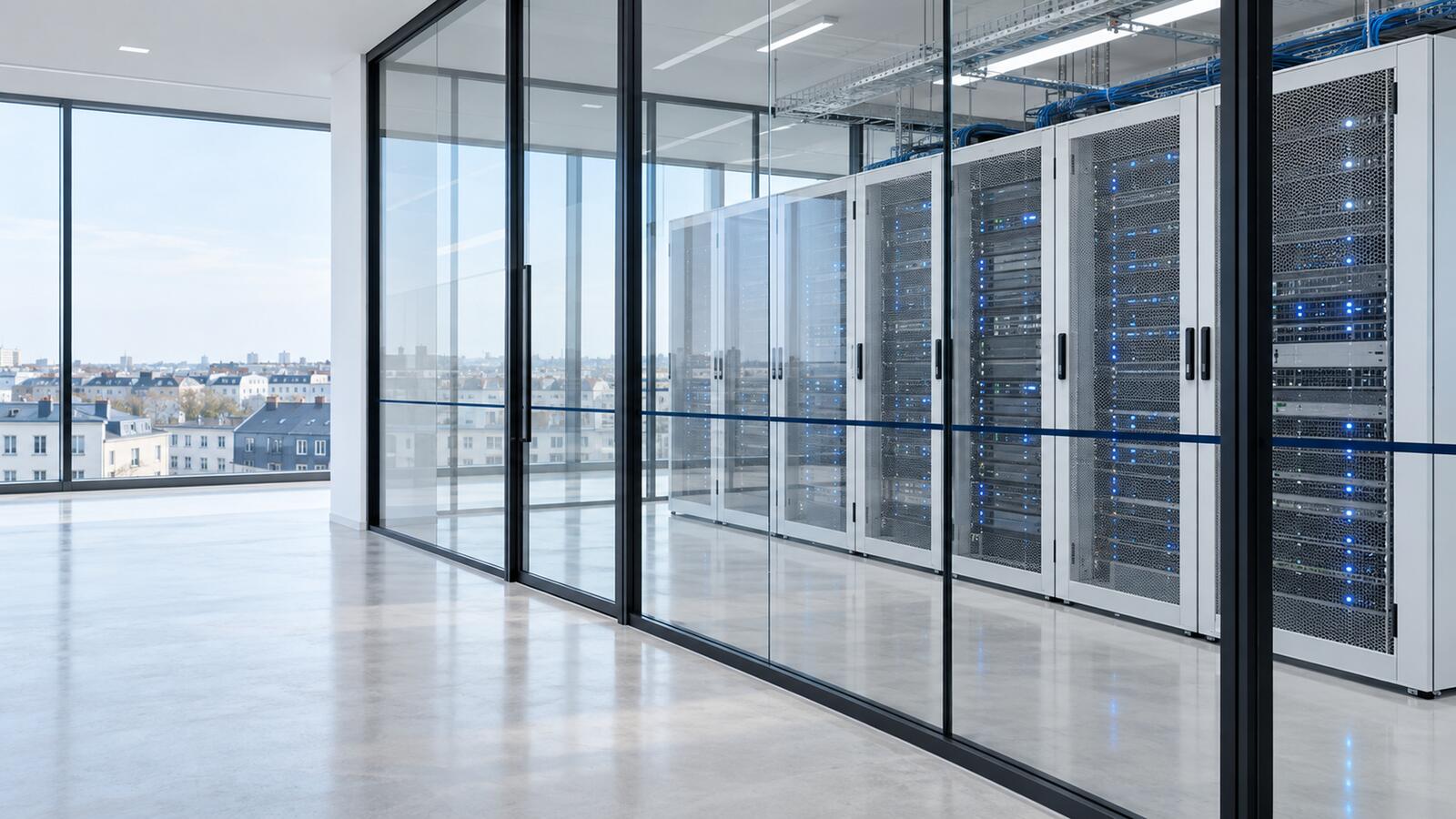 Serverschränke hinter einer Glaswand in einem hellen Büro mit Blick über die Stadt.