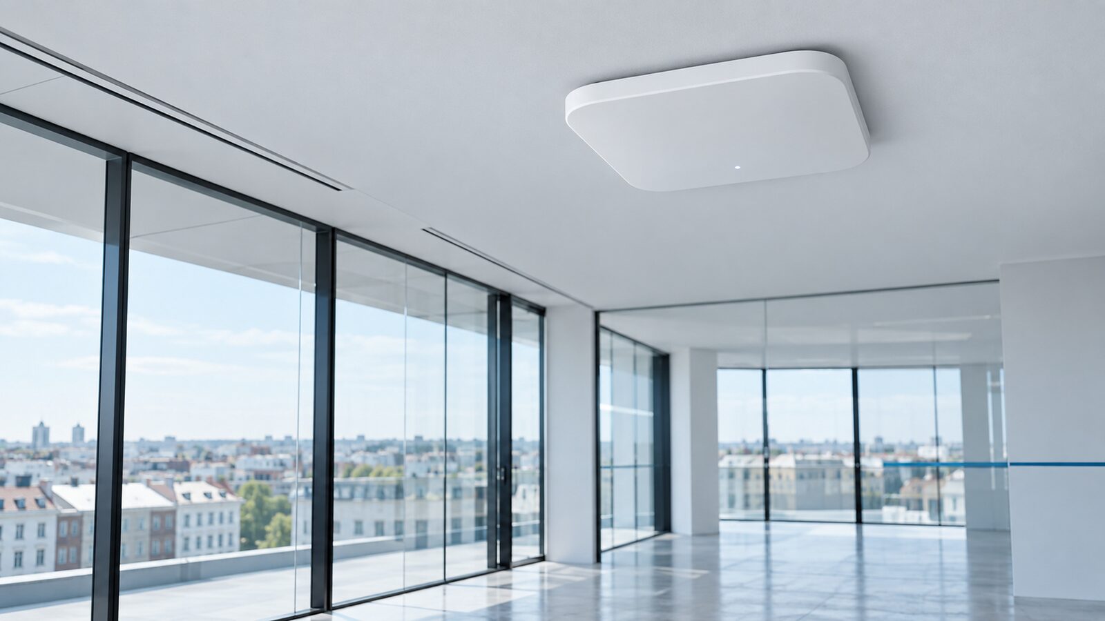 White wireless access point on the ceiling of an office with glass walls and a city view.