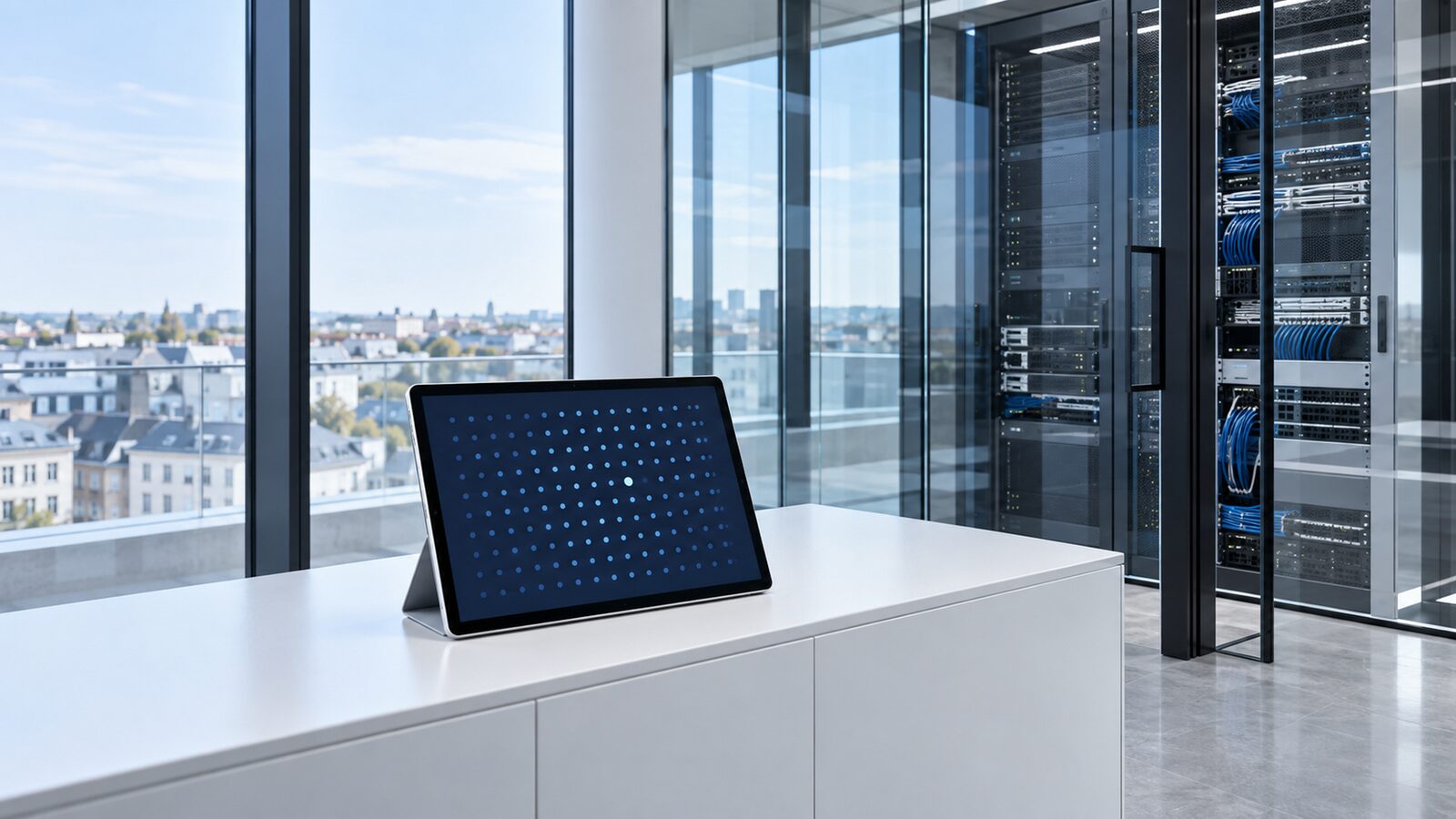 Tablet with a dot grid on a white sideboard, a server rack behind glass in the background.