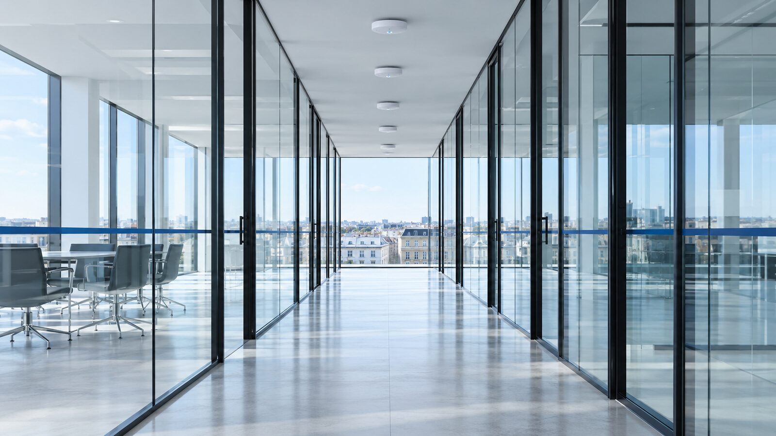 Long corridor with glass walls, a meeting room on the left, a blue line running through the floor.