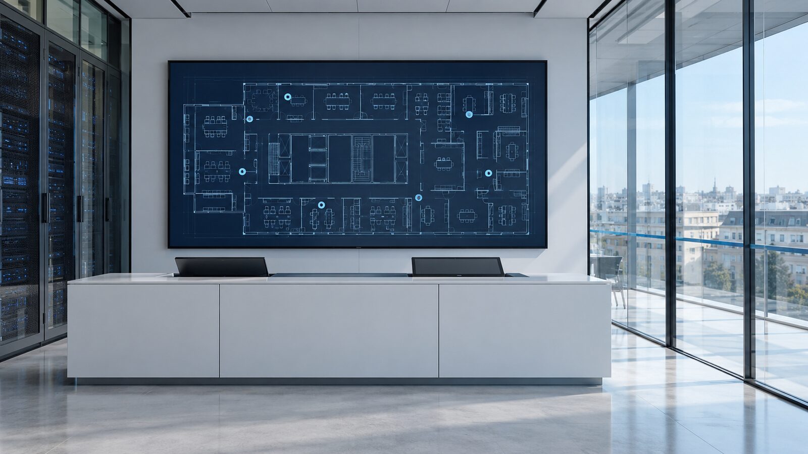 Wall display with a blue floor plan above a white sideboard, server racks on the left.