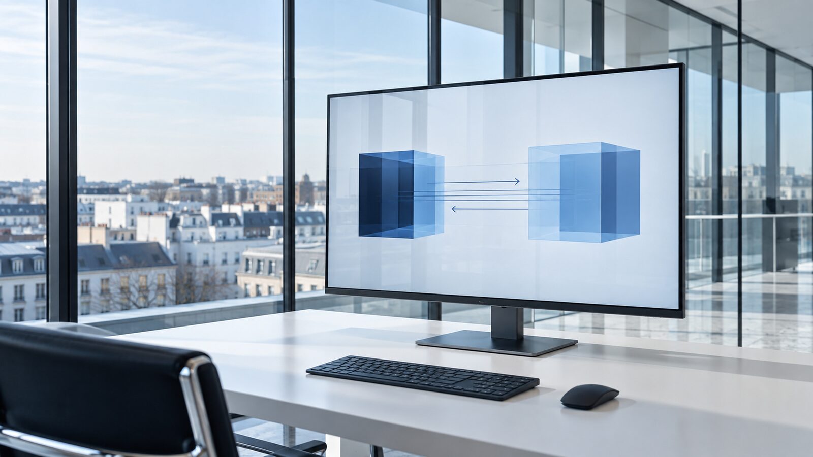 Monitor zeigt zwei blaue Würfel, die durch Pfeile in beide Richtungen verbunden sind.