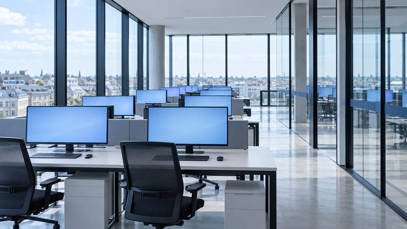 Reihen von Arbeitsplätzen mit hellblau leuchtenden Monitoren in einem Großraumbüro.