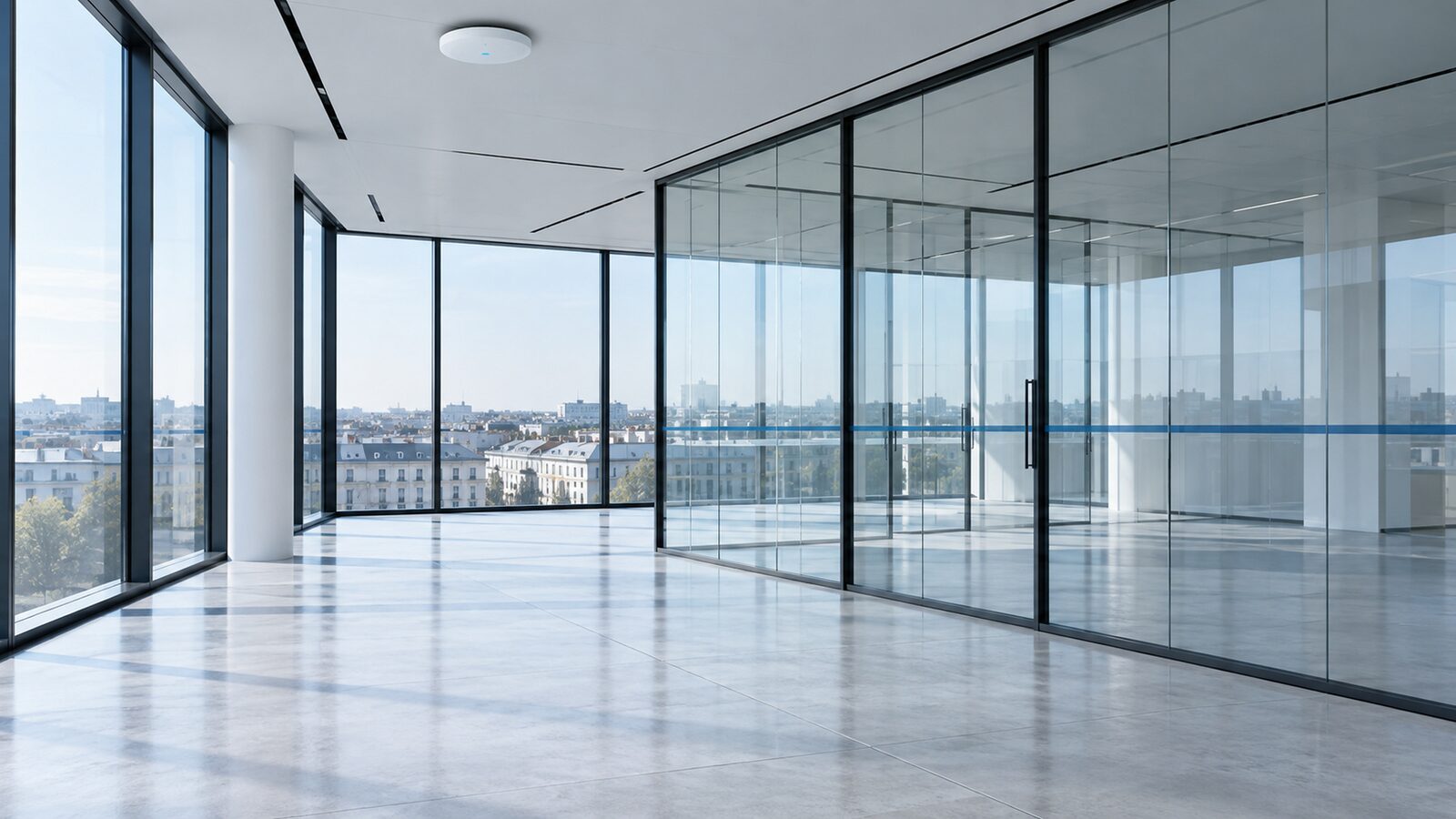 Empty office floor with glass walls, a white access point on the ceiling.