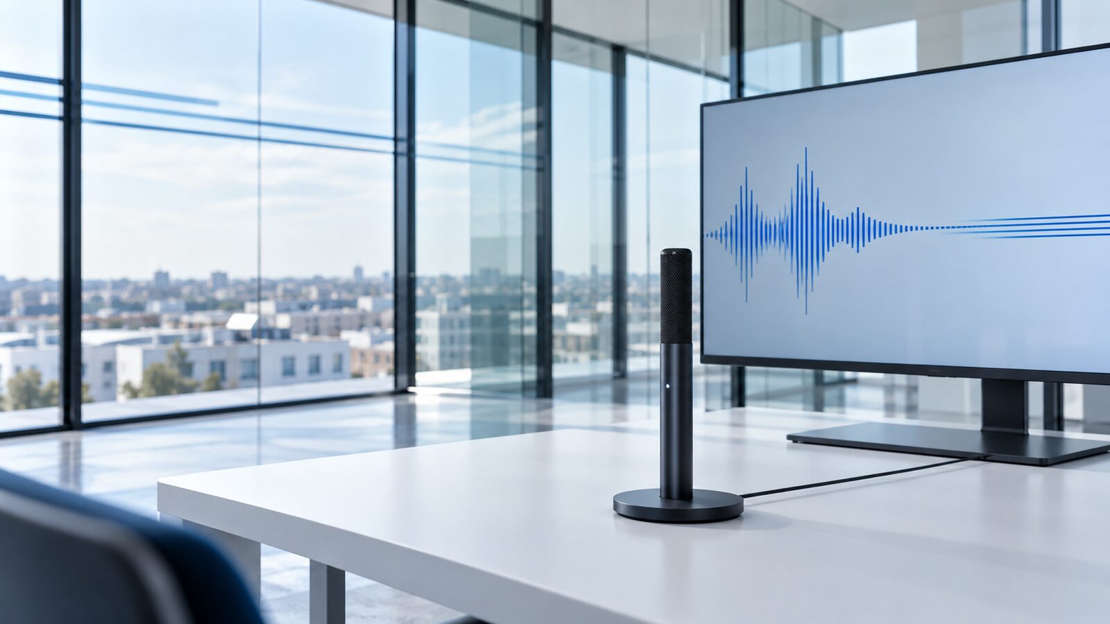 Microphone in front of a monitor on which a blue sound wave turns into a straight line.