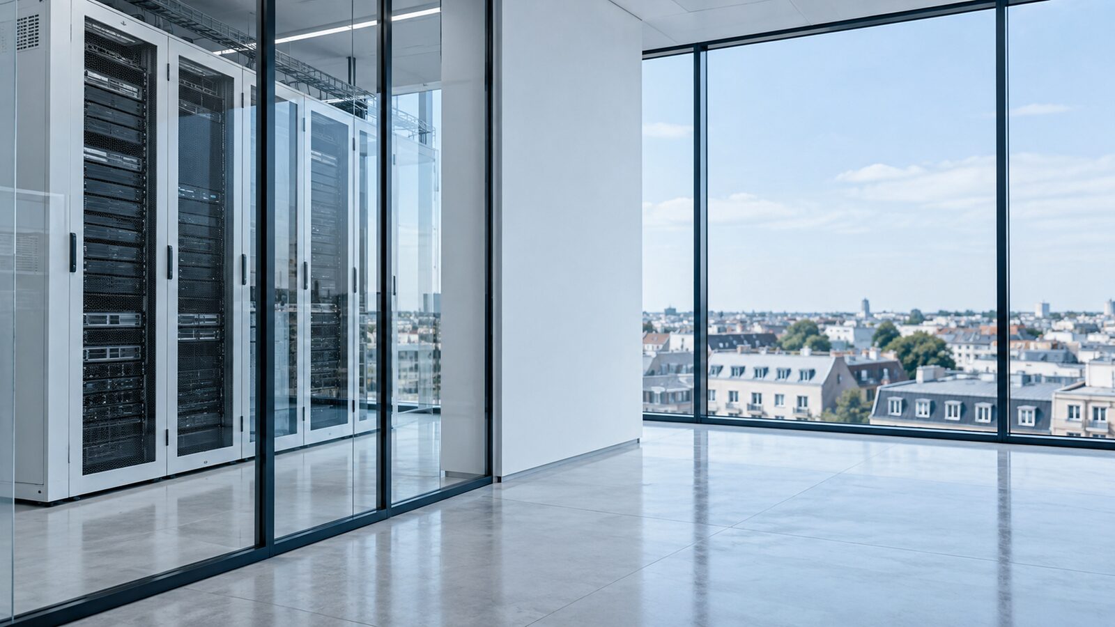 A server rack behind glass on the left, an open view through the glass front over the city on the right.
