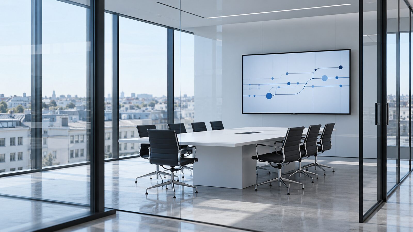 Meeting room with a wall display showing a blue path with several stations.