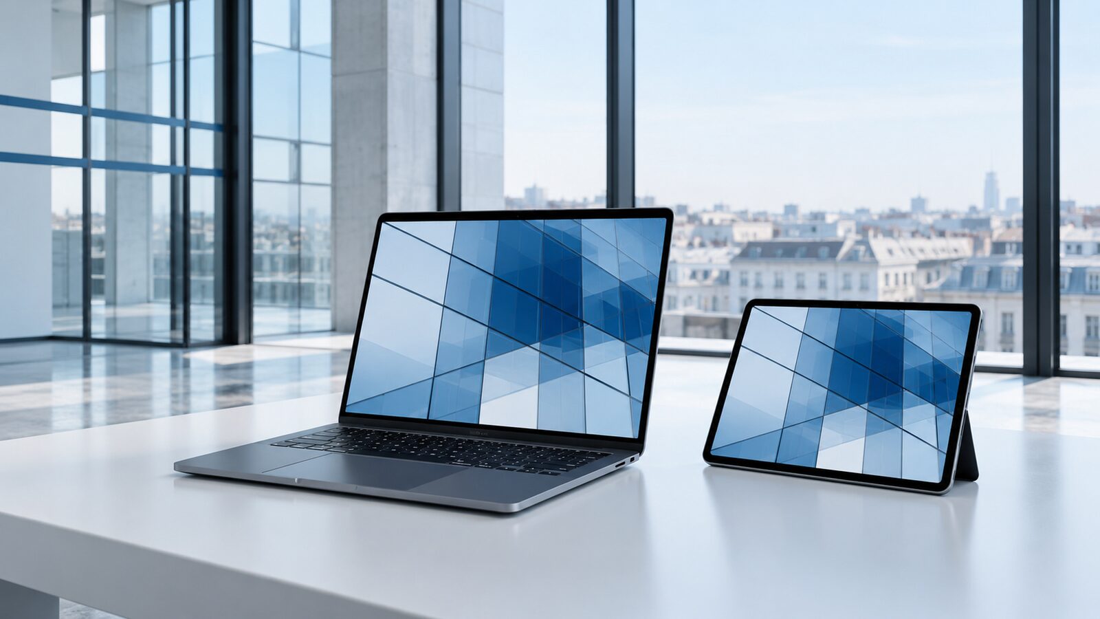 Laptop and tablet with a blue tile pattern on a white table in front of a glass wall.