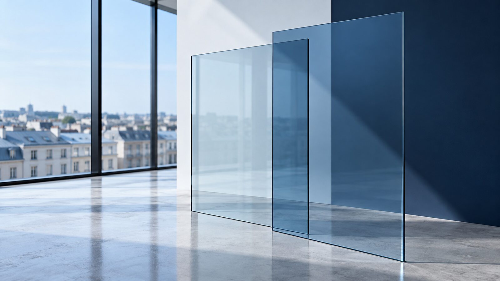 Two glass panes, one light and one dark blue, in an empty office with a city view.