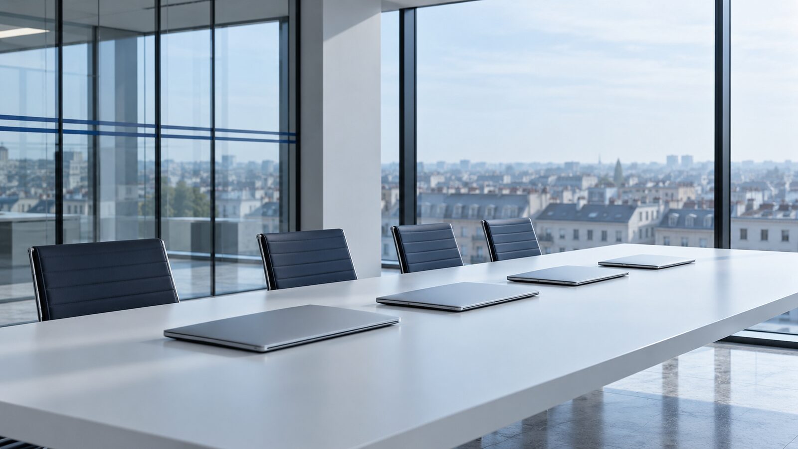 Long conference table with four laptops and chairs in front of a glass wall with a city view.