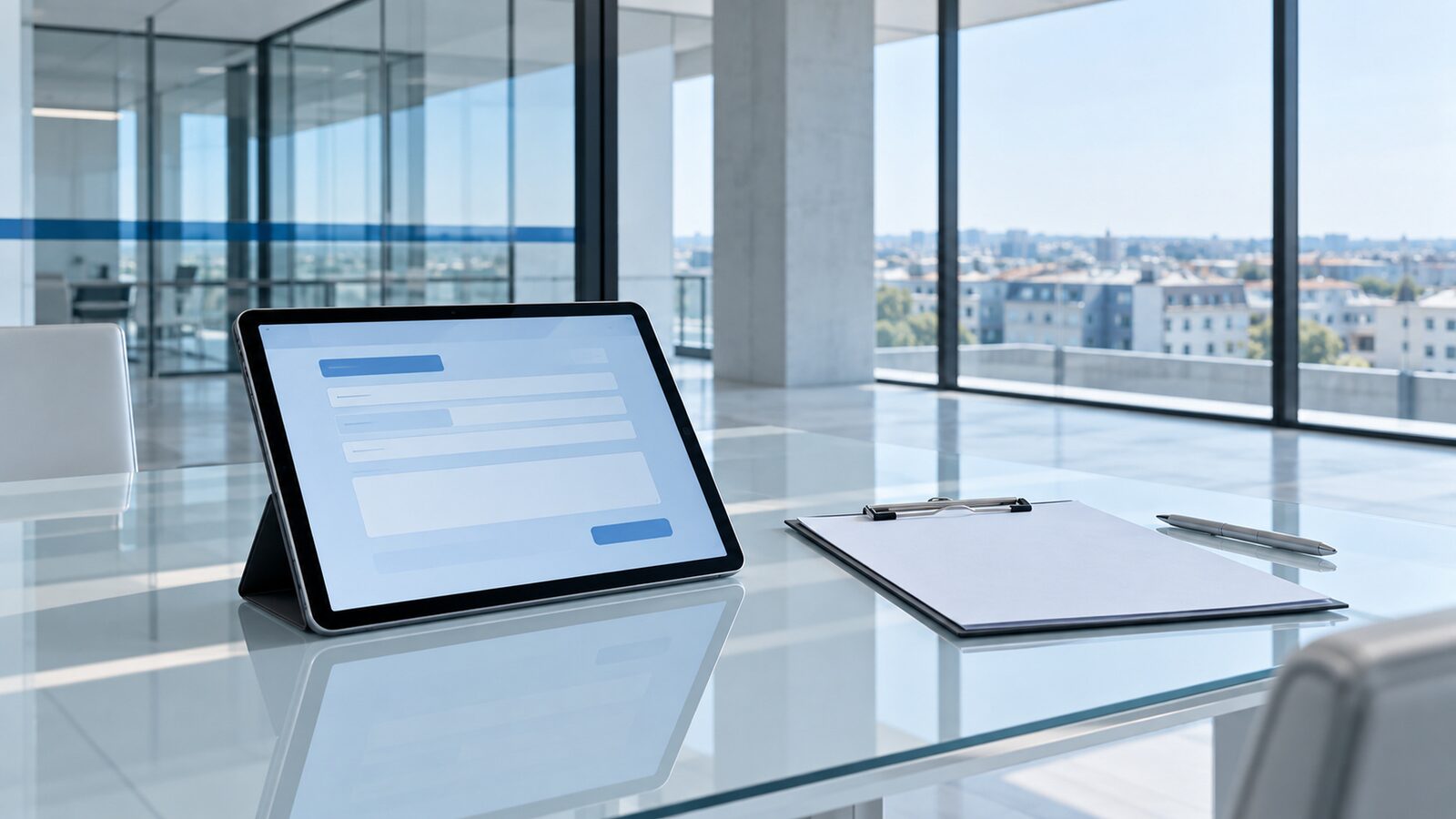 Tablet with form fields next to a clipboard with paper and pen on a glass table.