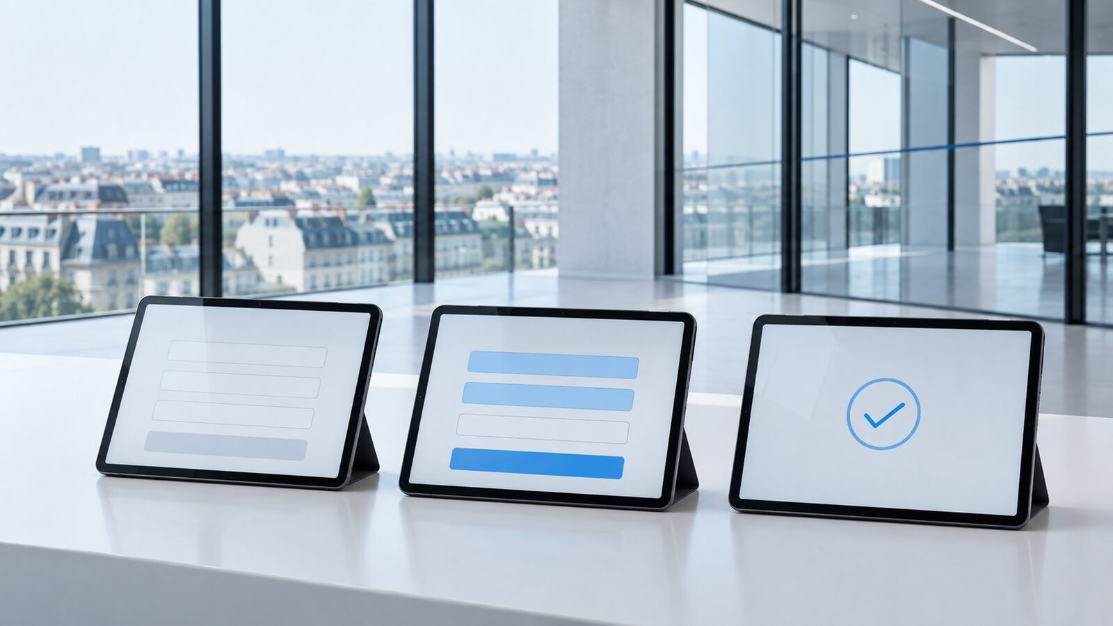 Three tablets side by side showing form steps, the last one a blue tick.