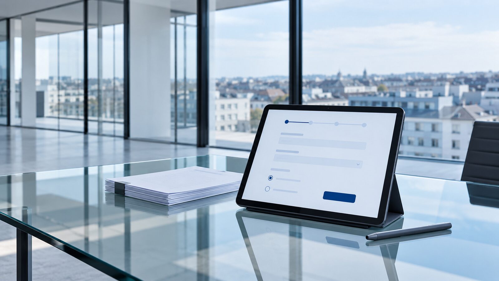 Tablet with a form next to a stack of paper on a glass table in front of a glass wall.