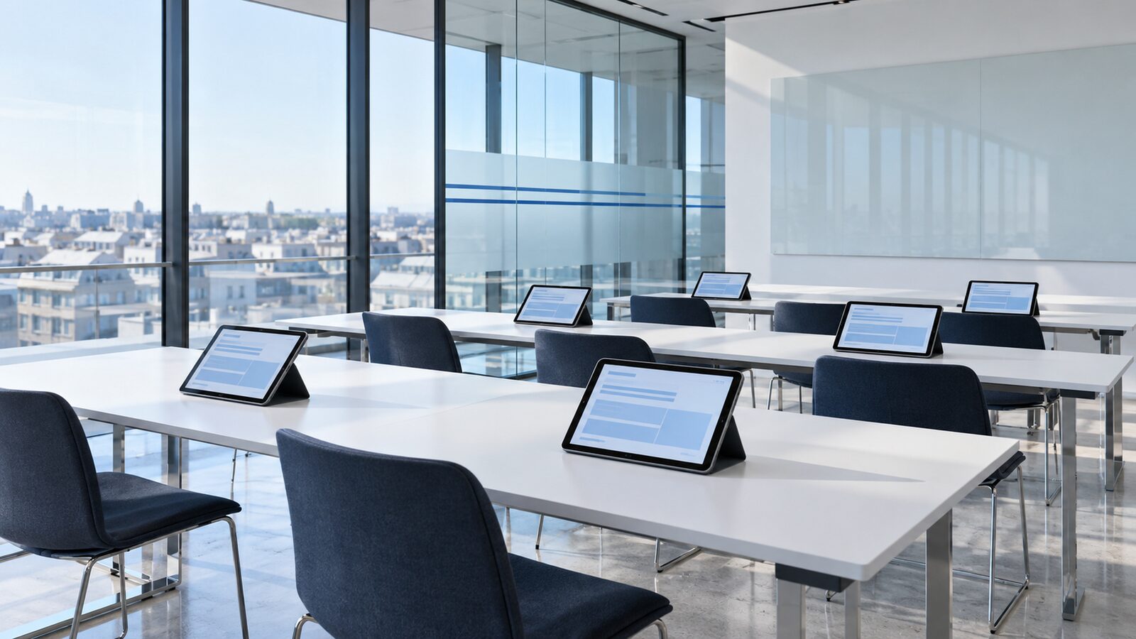 Training room with white tables, a tablet with a form set up on each of them.