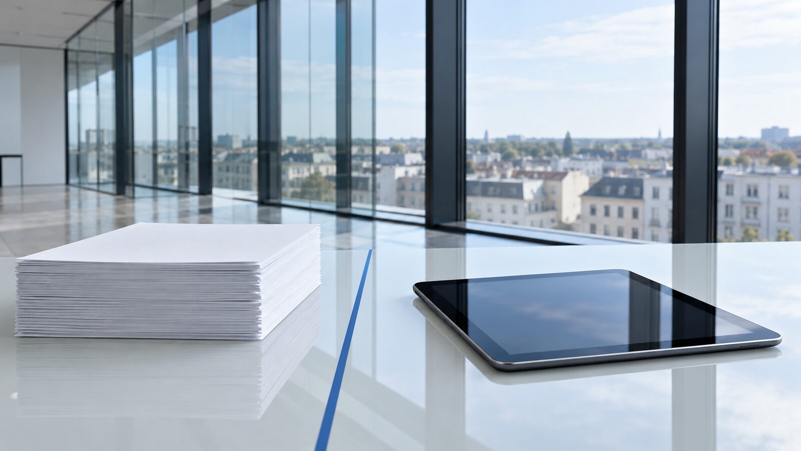 Stack of paper and a tablet on a white table, separated by a blue line.