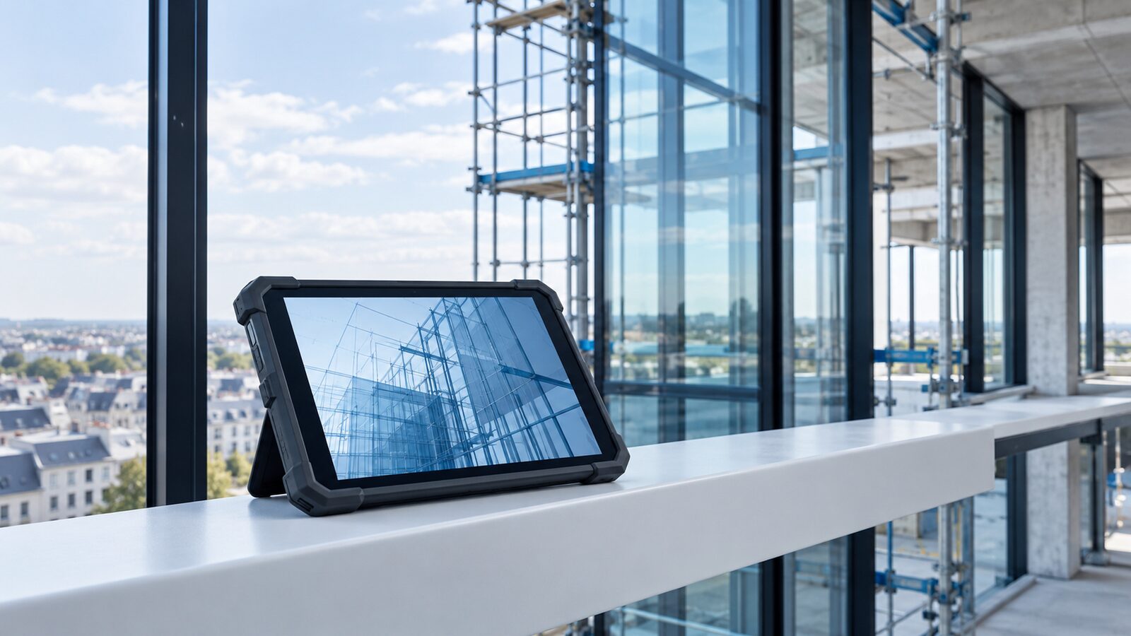 Rugged tablet on a parapet in a shell construction, scaffolding and a city view behind.