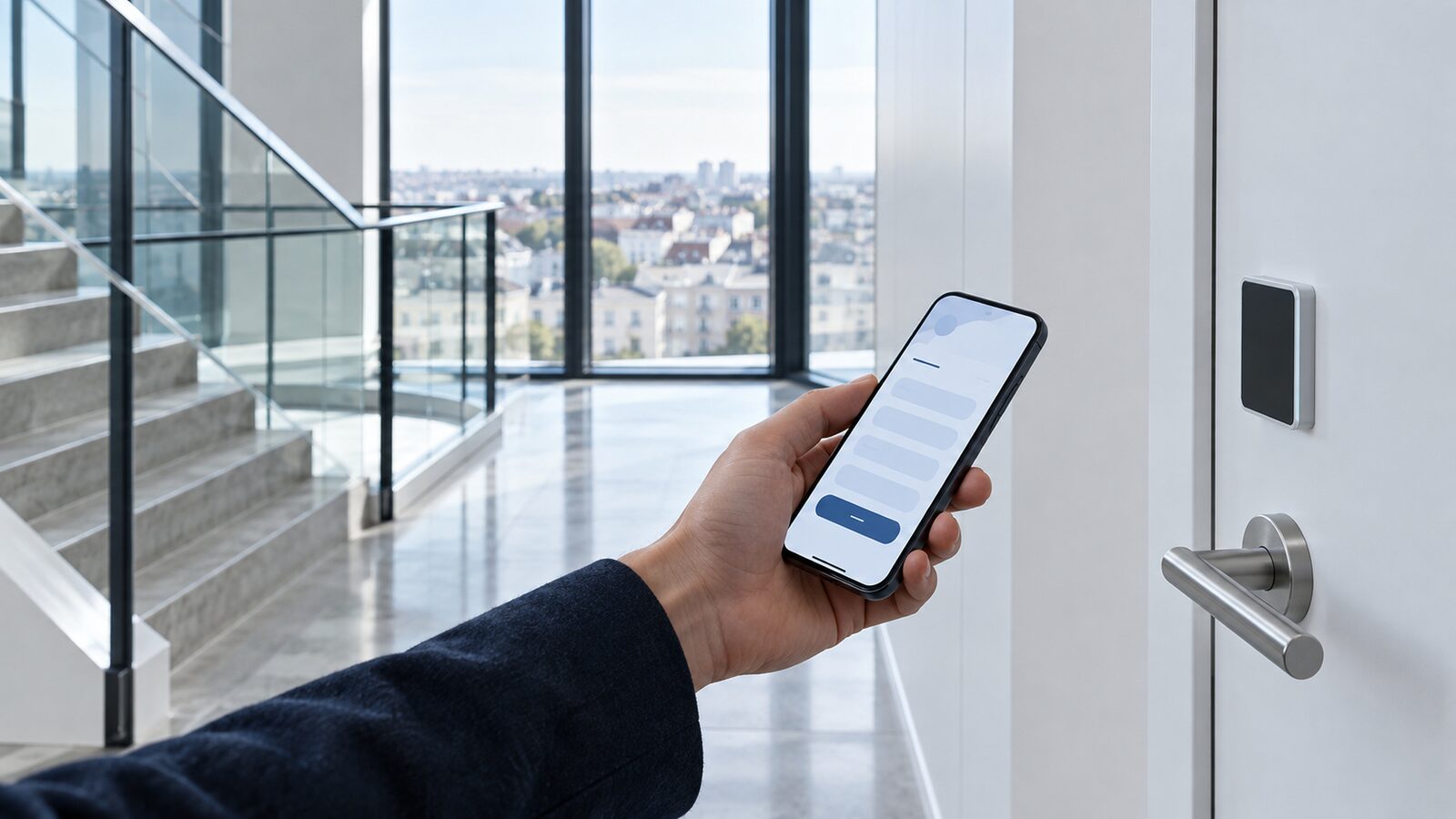 Hand holding a smartphone with a form in front of a white apartment door, a staircase with glass railing on the left.