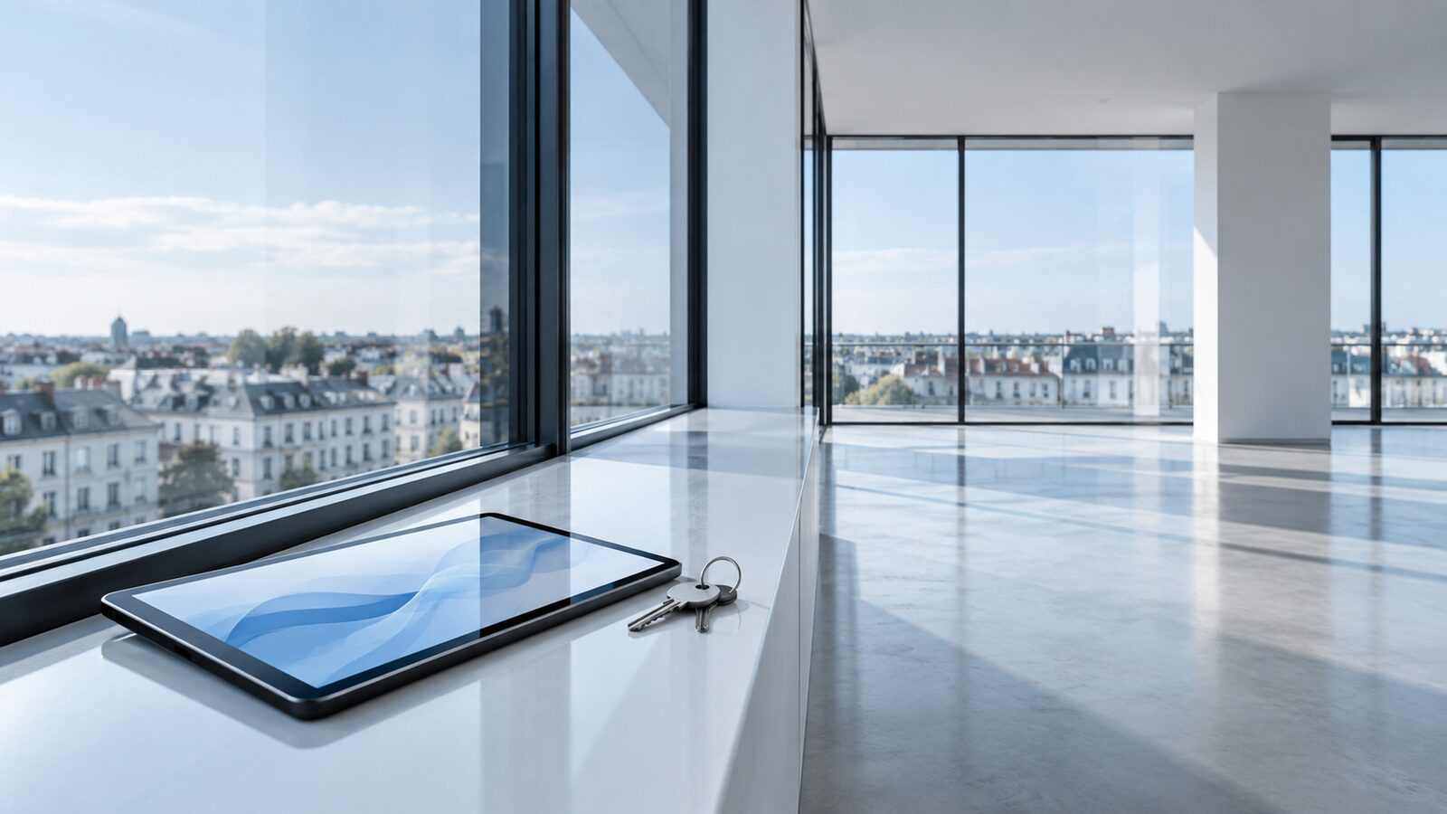 Tablet and a bunch of keys on the windowsill of an empty apartment with a view over the city.