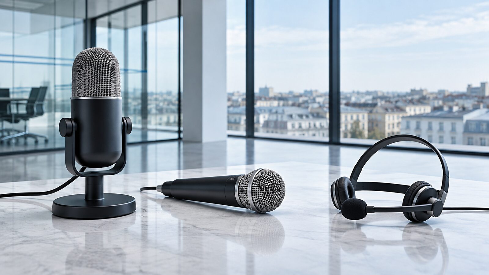Desk microphone, handheld microphone and headset side by side on a light stone surface in front of a glass wall.