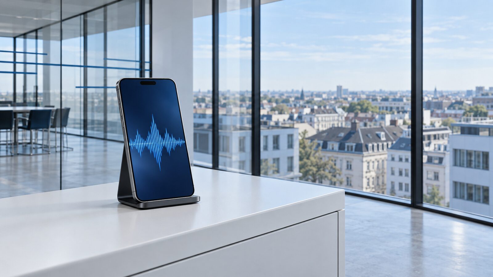 Smartphone in a stand showing a blue sound wave, on a white sideboard in front of a city view.