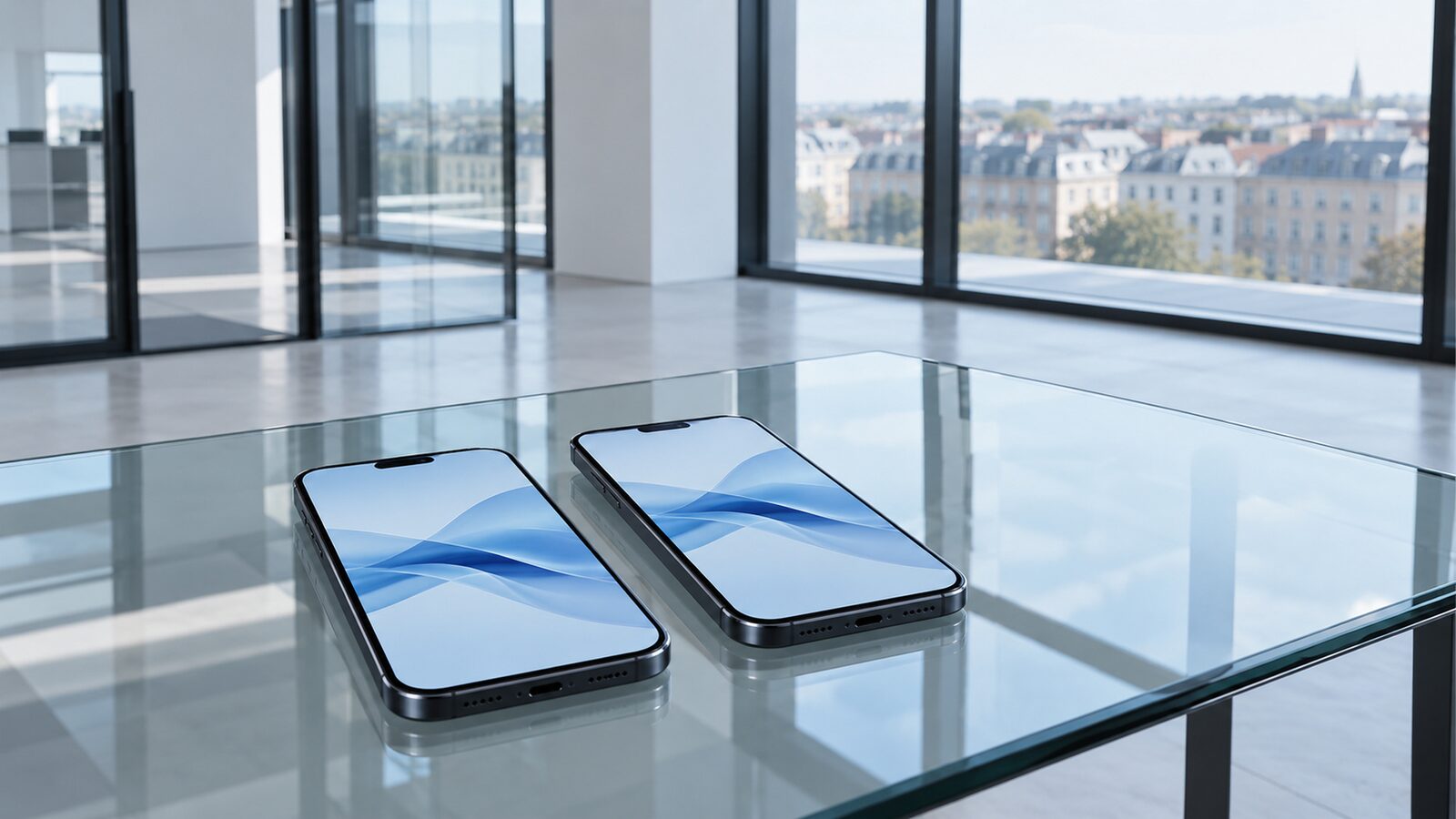 Two smartphones with a wave graphic on a glass table in front of a glass wall with a city view.