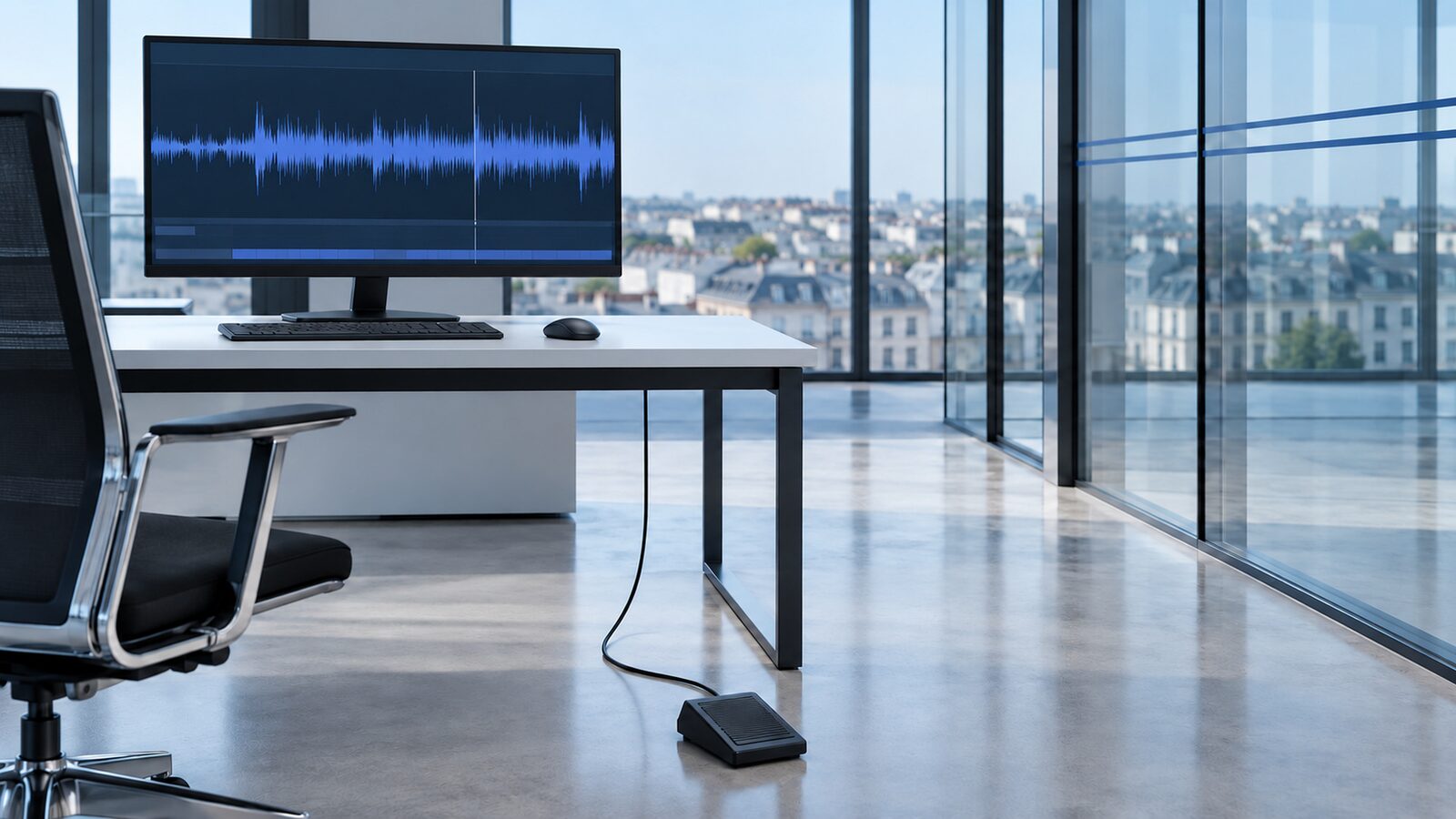 Workstation with a monitor showing a blue audio track, a foot pedal on the floor.