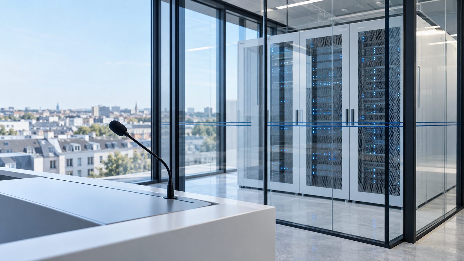 Schwanenhalsmikrofon im Vordergrund, dahinter Serverschränke hinter Glas und Stadtblick.