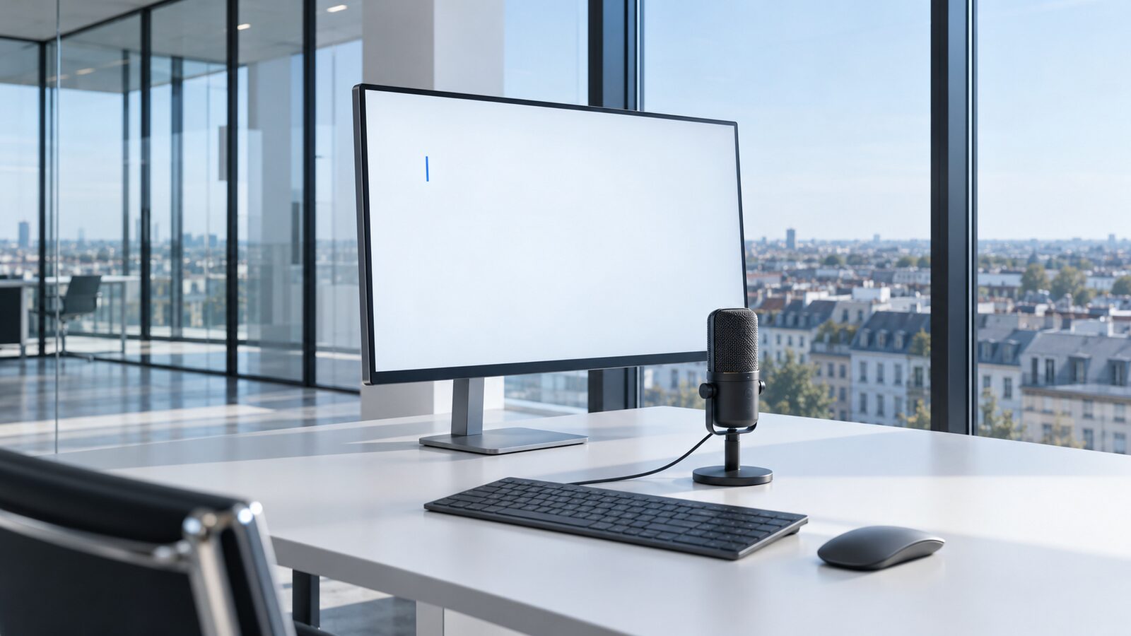 Monitor with an empty white page and a blinking cursor, a desk microphone and keyboard in front.