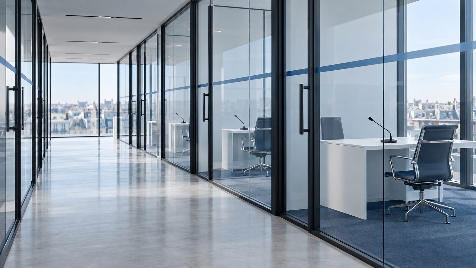 Corridor with glass offices, each with a desk and a gooseneck microphone.