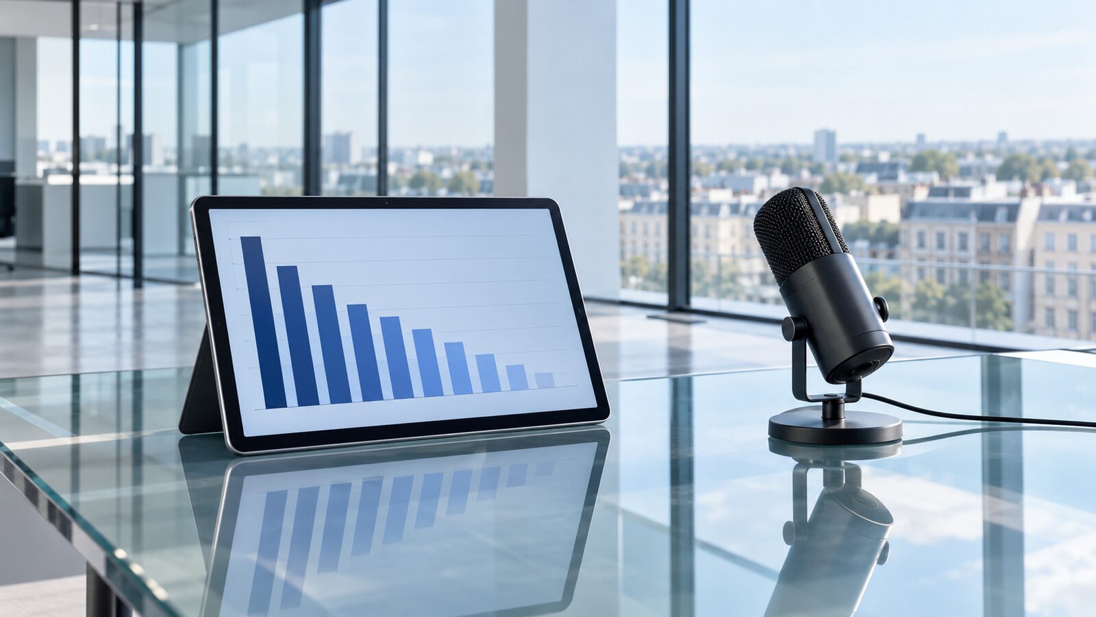 Tablet with a descending blue bar chart next to a desk microphone on a glass table.